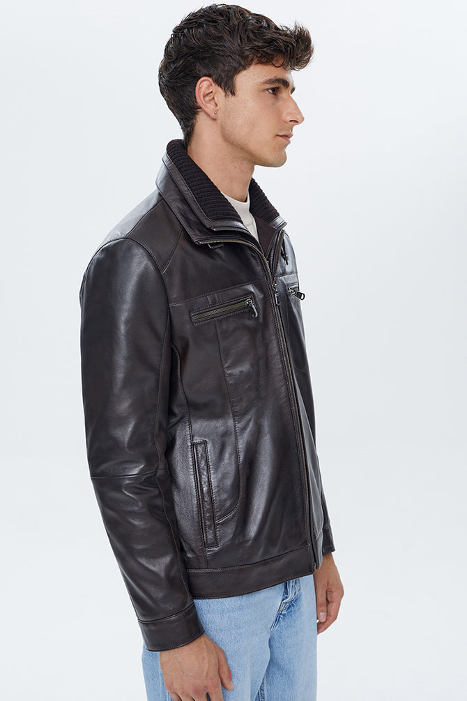 Antonio Men's Brown Double Collar Leather Jacket