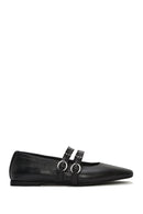 Women's Black Double Buckled Leather Ballerinas | Derimod