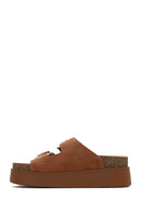 Women's Tan Double Buckle Thick Sole Suede Leather Slippers | Derimod