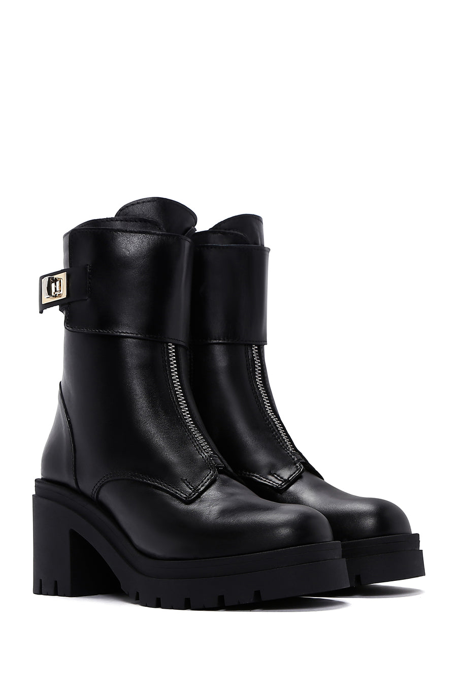 Women's Black Leather Buckle Heeled Boots
