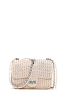 Women's Beige Straw Crossbody Bag with Pearls | Derimod