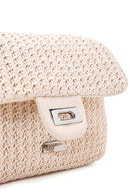 Women's Beige Straw Crossbody Bag with Pearls | Derimod