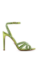 Women's Green Leather Ankle Strap Stone Heeled Sandals | Derimod