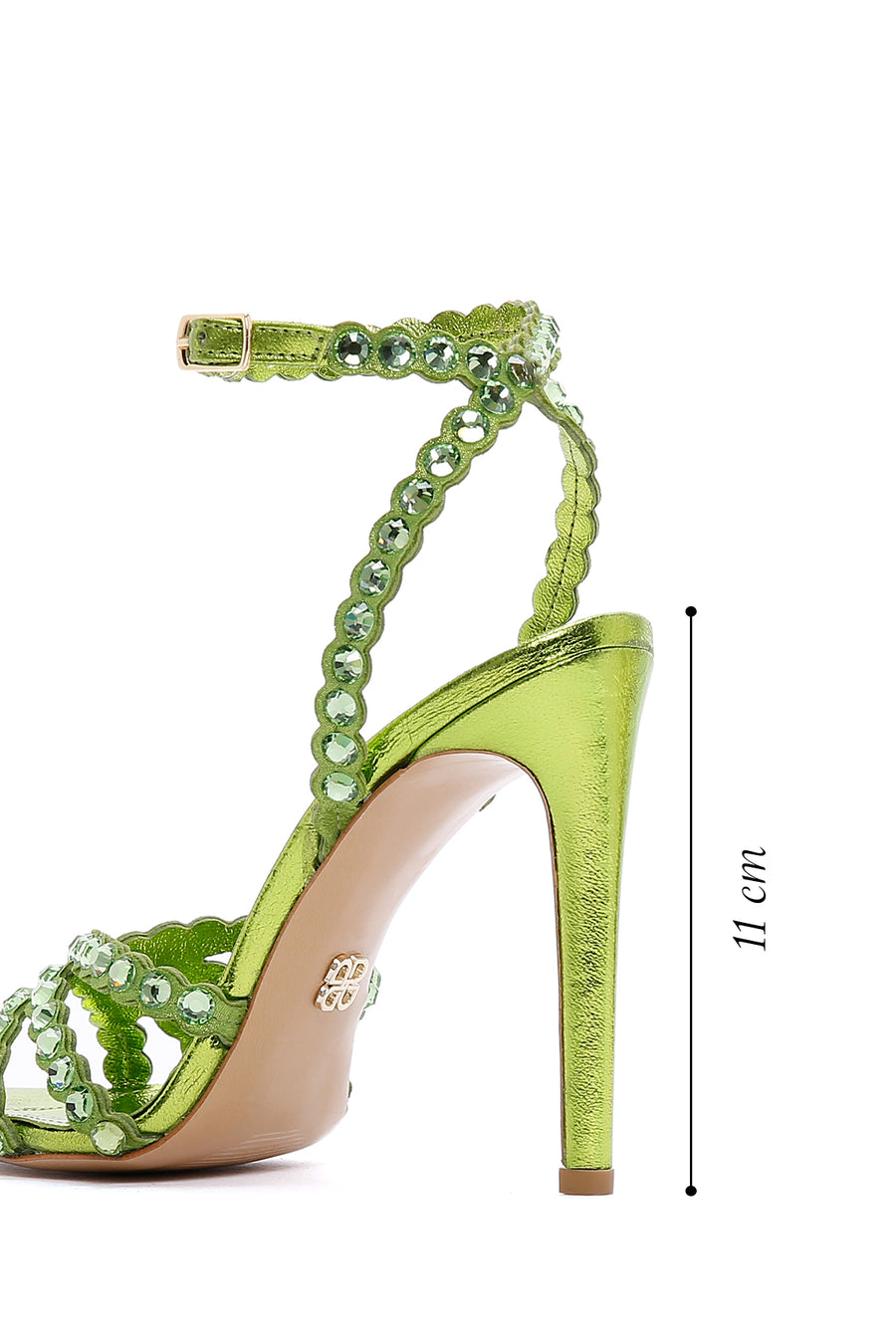 Women's Green Leather Ankle Strap Stone Heeled Sandals