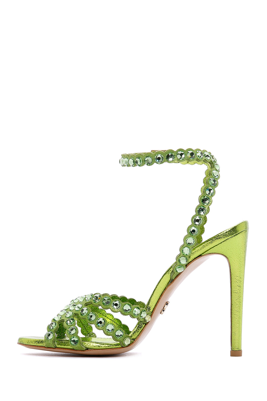 Women's Green Leather Ankle Strap Stone Heeled Sandals