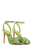 Women's Green Leather Ankle Strap Stone Heeled Sandals | Derimod