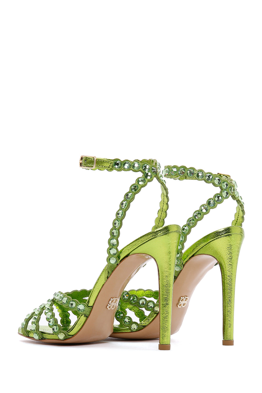 Women's Green Leather Ankle Strap Stone Heeled Sandals