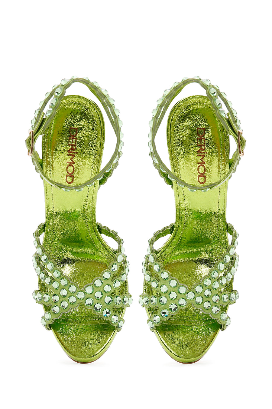 Women's Green Leather Ankle Strap Stone Heeled Sandals