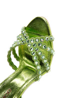 Women's Green Leather Ankle Strap Stone Heeled Sandals | Derimod