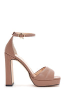 Women's Beige Leather Platform Heeled Sandals | Derimod