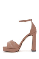 Women's Beige Leather Platform Heeled Sandals | Derimod