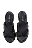 Women's Black Leather Thick Soled Slippers | Derimod