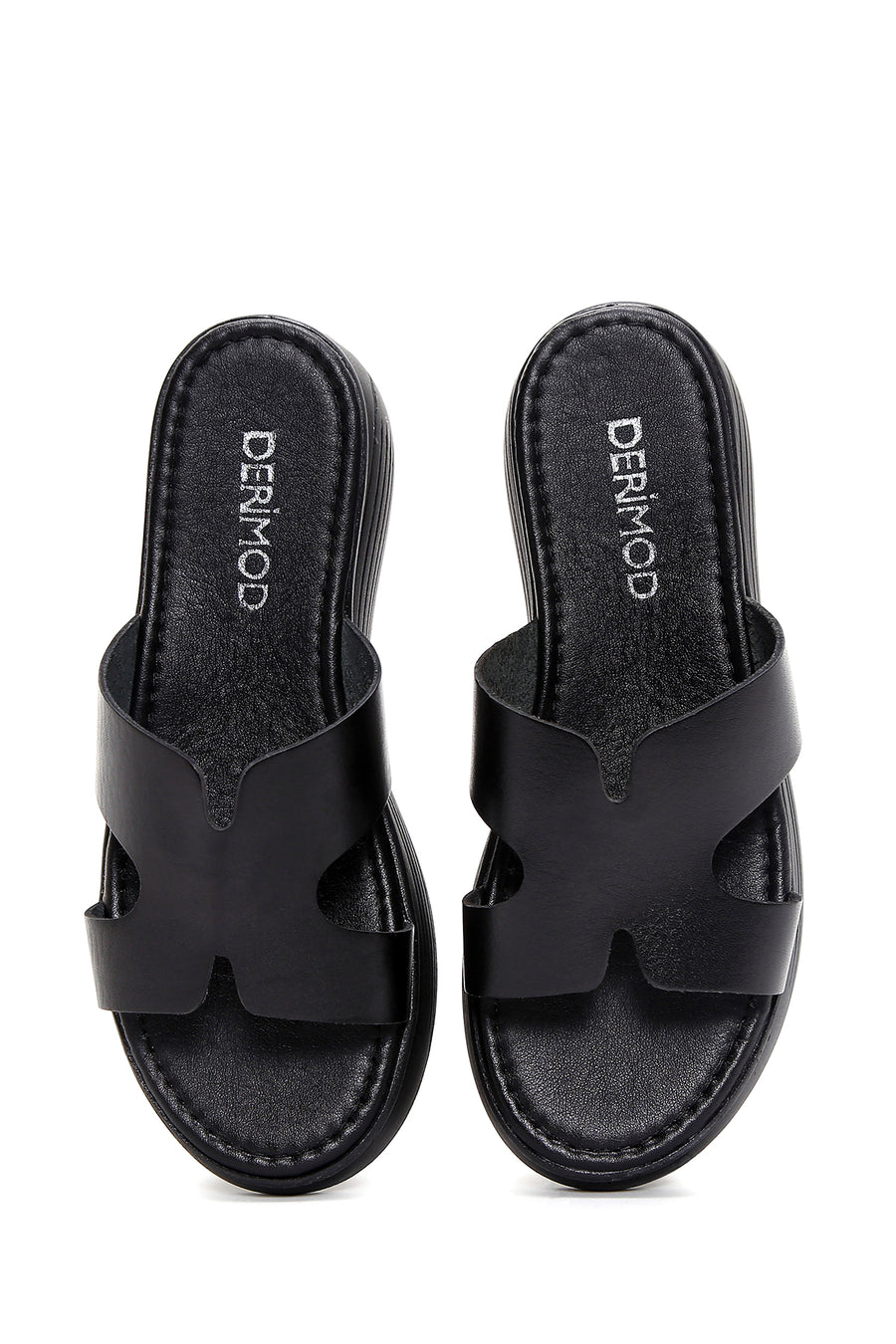 Women's Black Leather Thick Soled Slippers