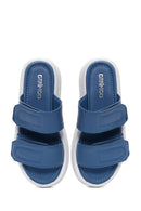 Women's Blue Leather Comfort Slippers | Derimod