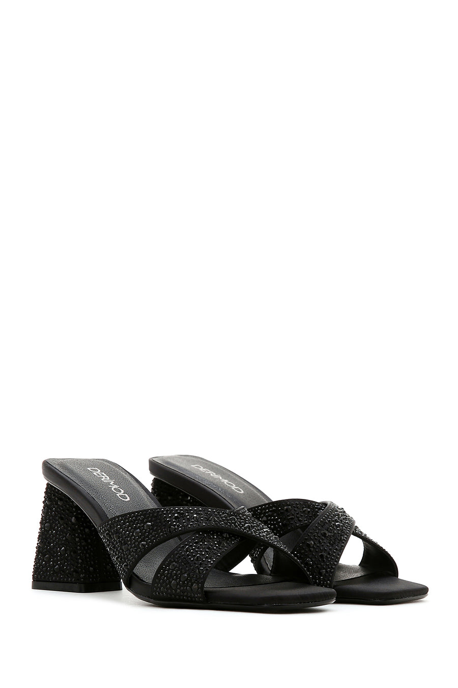 Women's Black Stone Thick Heeled Slippers
