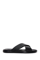 Men's Black Leather Casual Flat Slippers | Derimod