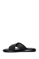 Men's Black Leather Casual Flat Slippers | Derimod