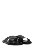 Men's Black Leather Casual Flat Slippers | Derimod
