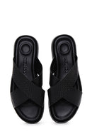Men's Black Leather Casual Flat Slippers | Derimod