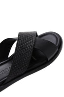 Men's Black Leather Casual Flat Slippers | Derimod
