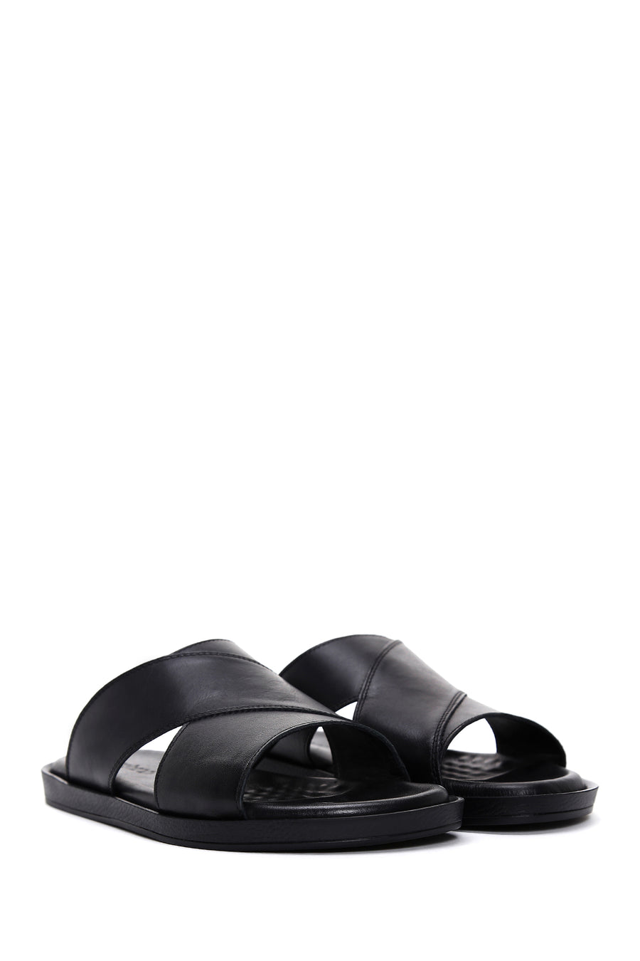 Men's Black Leather Flat Slippers