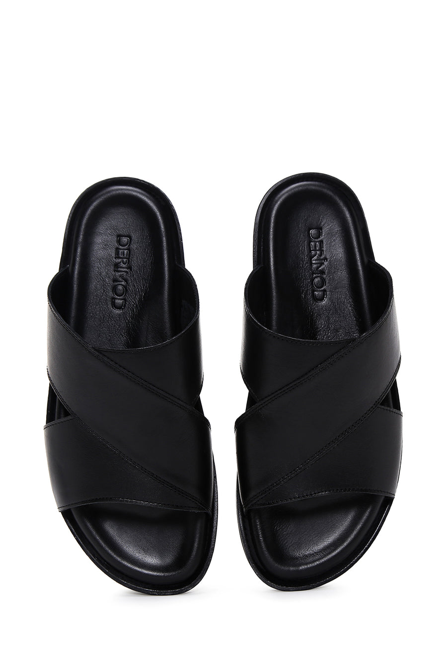 Men's Black Leather Flat Slippers