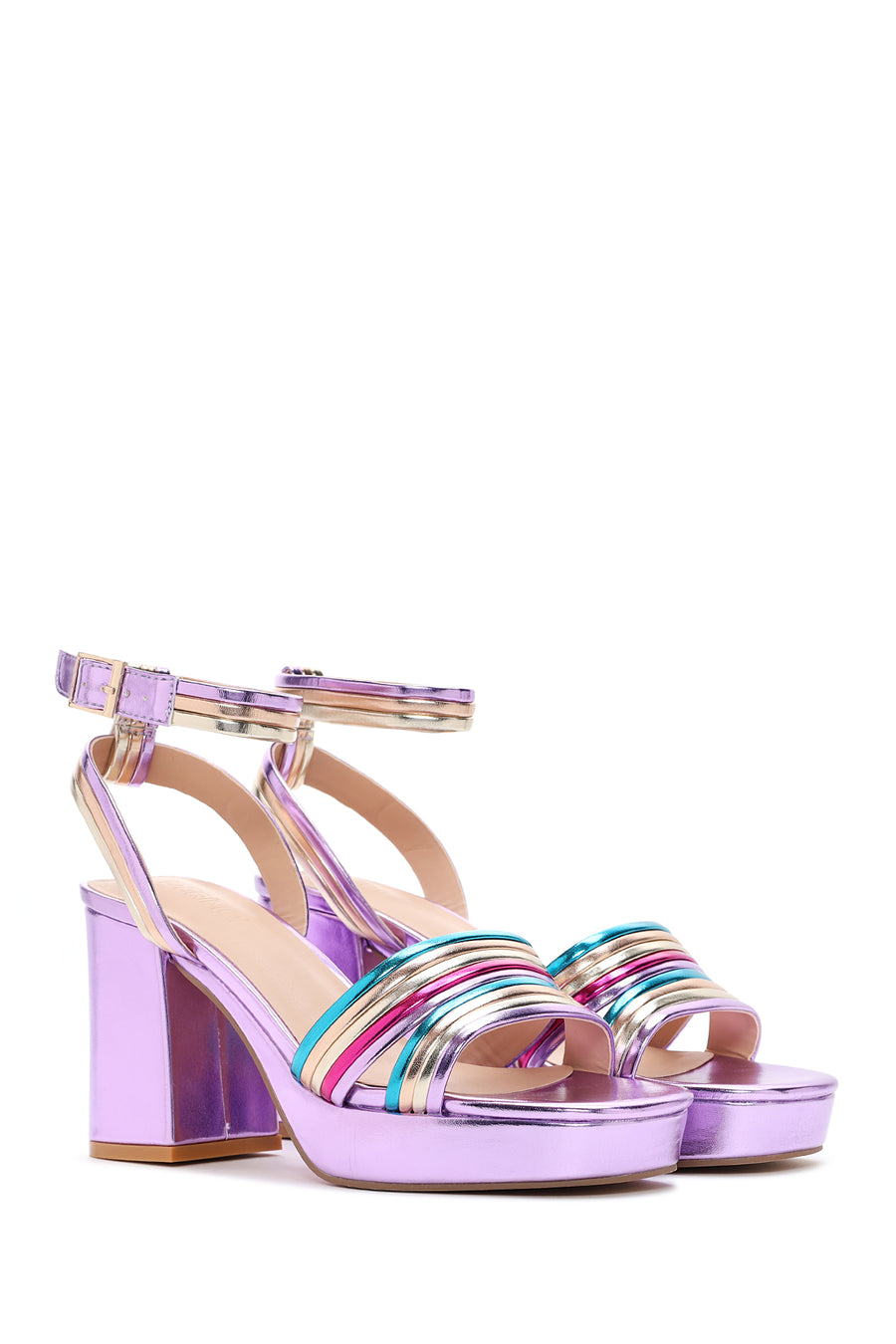 Women's Purple Metallic Thick Heeled Sandals