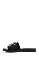 Women's Black Stone Straw Slippers | Derimod