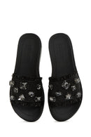Women's Black Stone Straw Slippers | Derimod