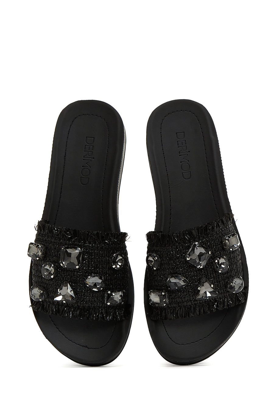 Women's Black Stone Straw Slippers