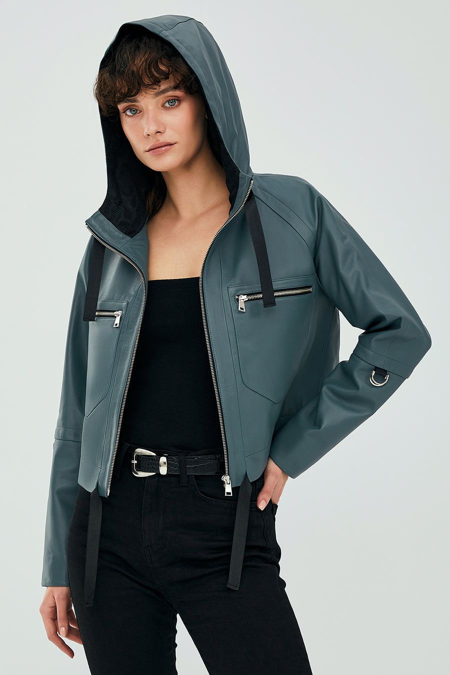 Stella Kadın Petrol Yeşili Oversize Kapüşonlu Kısa Deri Ceket 23SGD5069U4 | Derimod