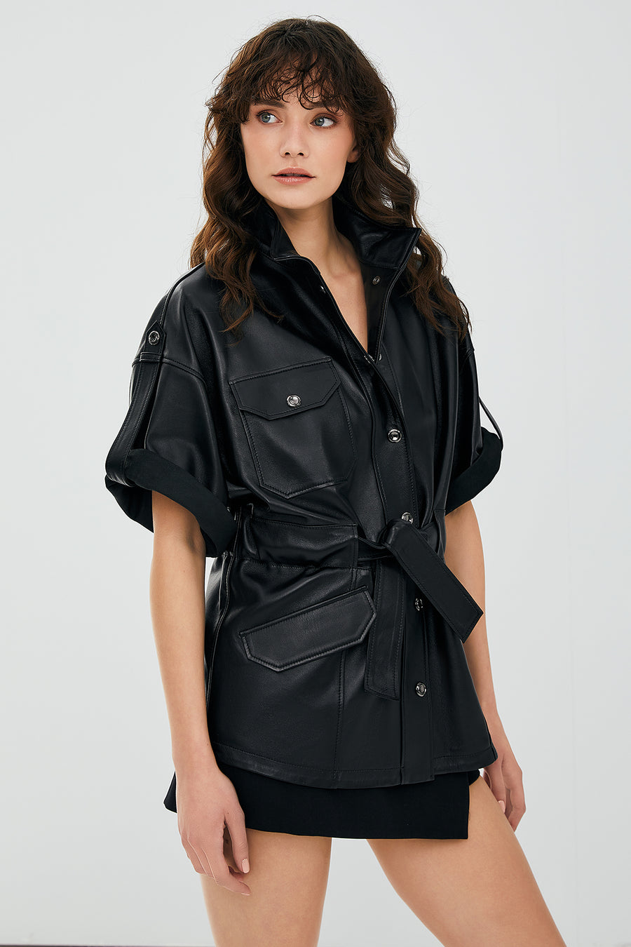 Goldy Black Women's Short Sleeve Leather Jacket