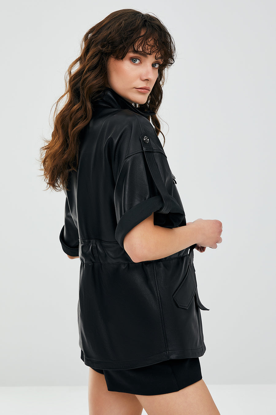 Goldy Black Women's Short Sleeve Leather Jacket