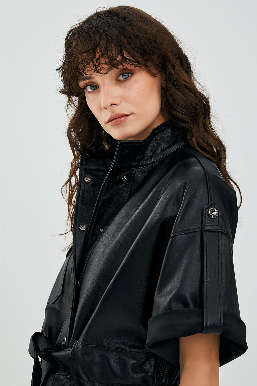 Goldy Black Women's Short Sleeve Leather Jacket