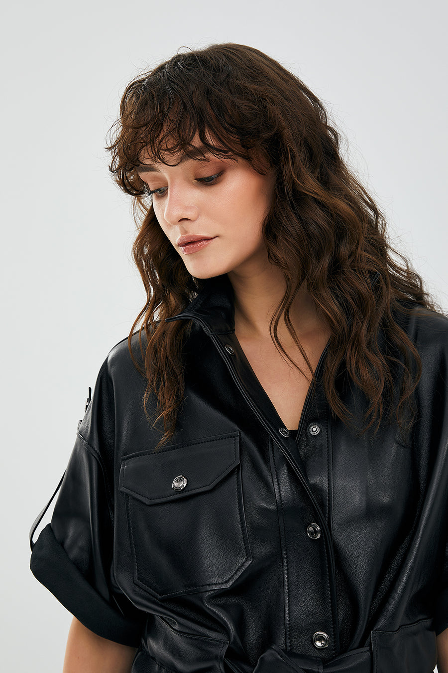 Goldy Black Women's Short Sleeve Leather Jacket