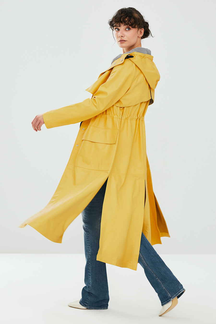 Rihanna Women's Yellow Leather Unlined Topcoat
