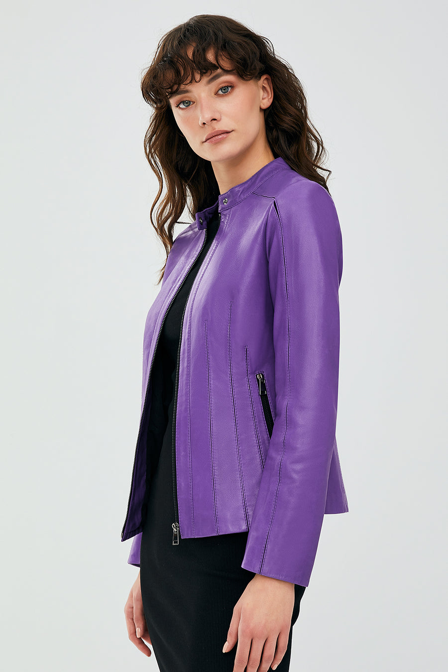 Joel Kadın Mor Slim-Fit Kısa Deri Ceket