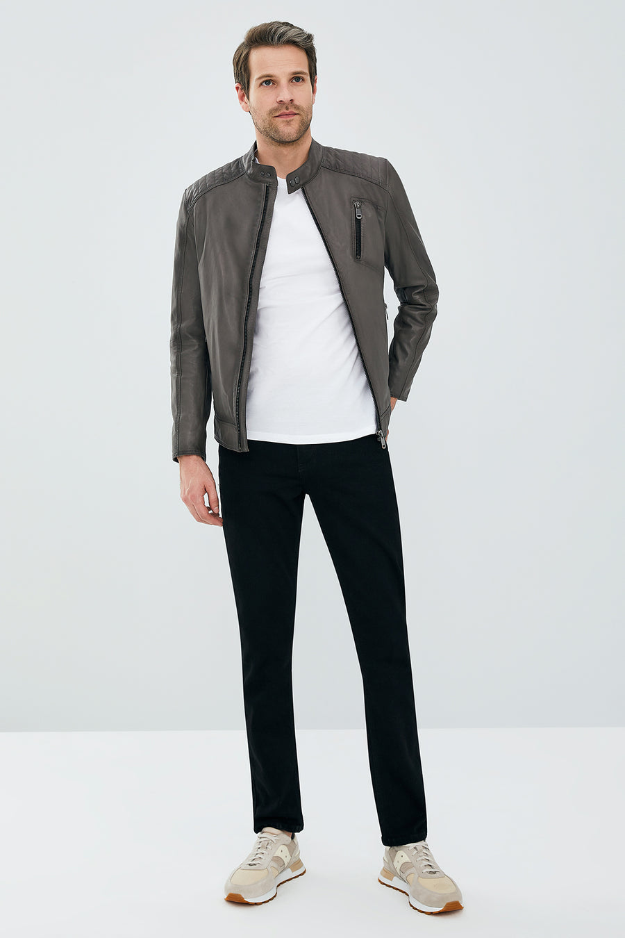 New Durant Erkek Gri Slim-Fit Deri Ceket