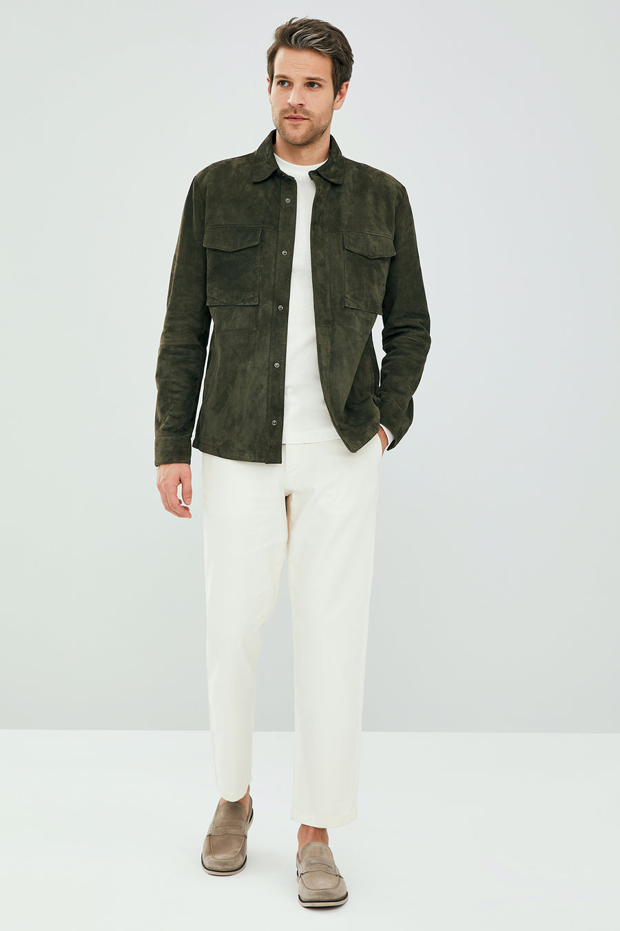 Navas Men Green Shirt Style Suede Leather Jacket