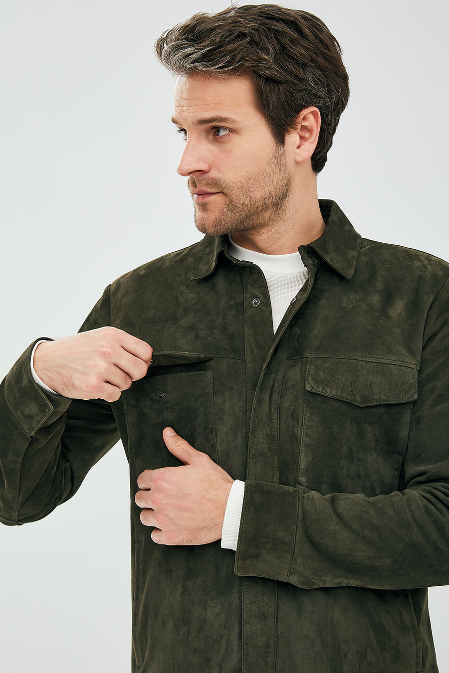 Navas Men Green Shirt Style Suede Leather Jacket