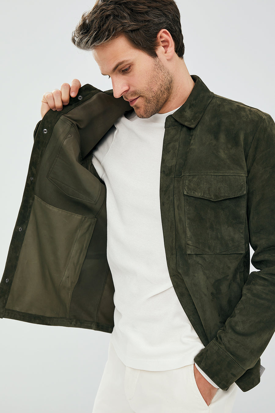 Navas Men Green Shirt Style Suede Leather Jacket