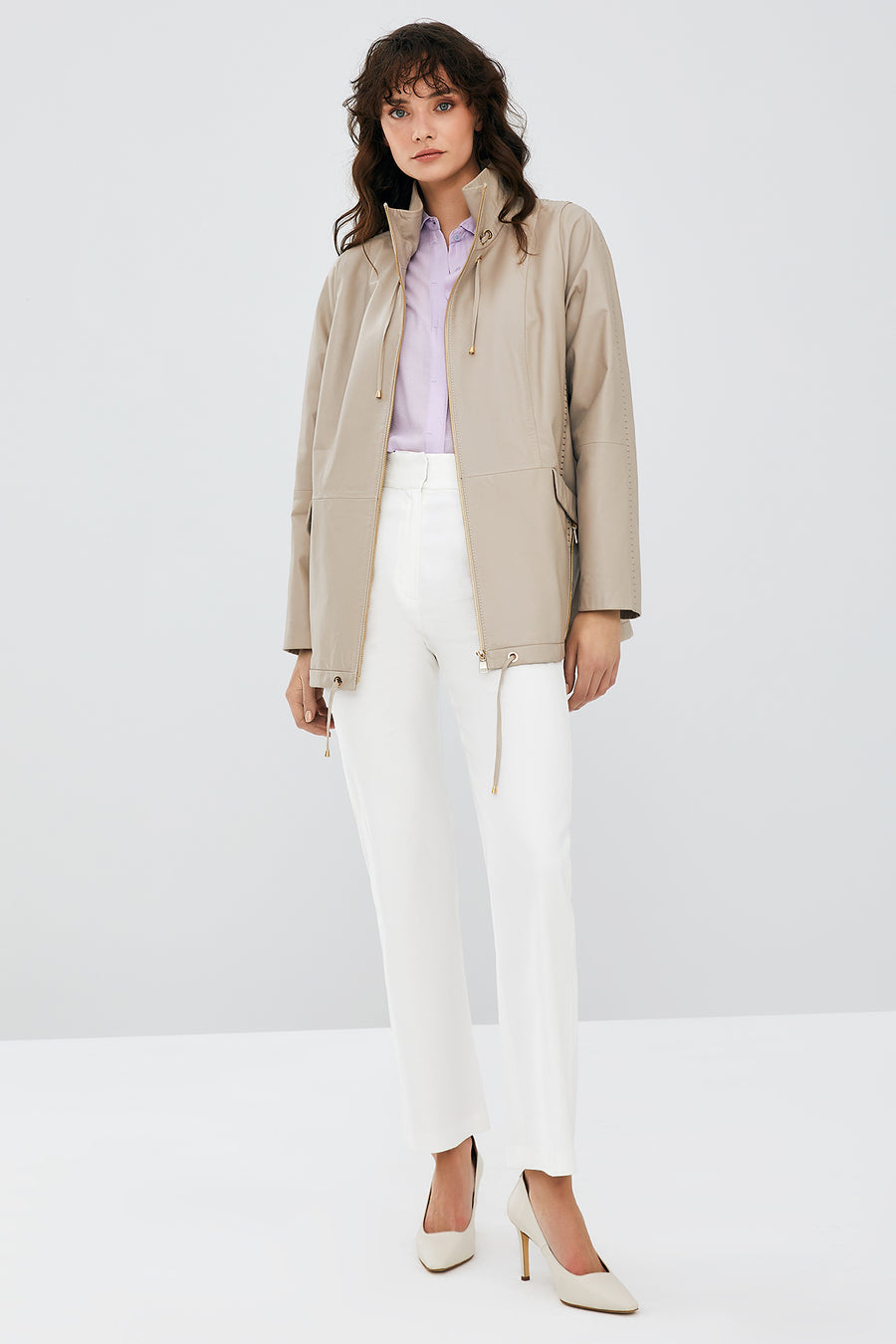 Nancy Women's Beige Long Leather Coat