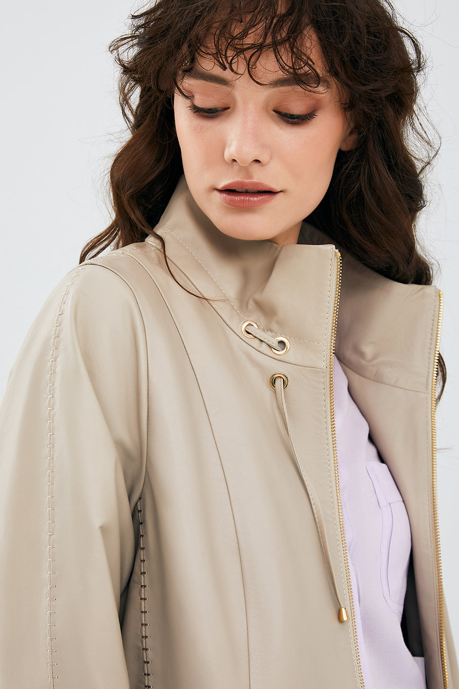 Nancy Women's Beige Long Leather Coat