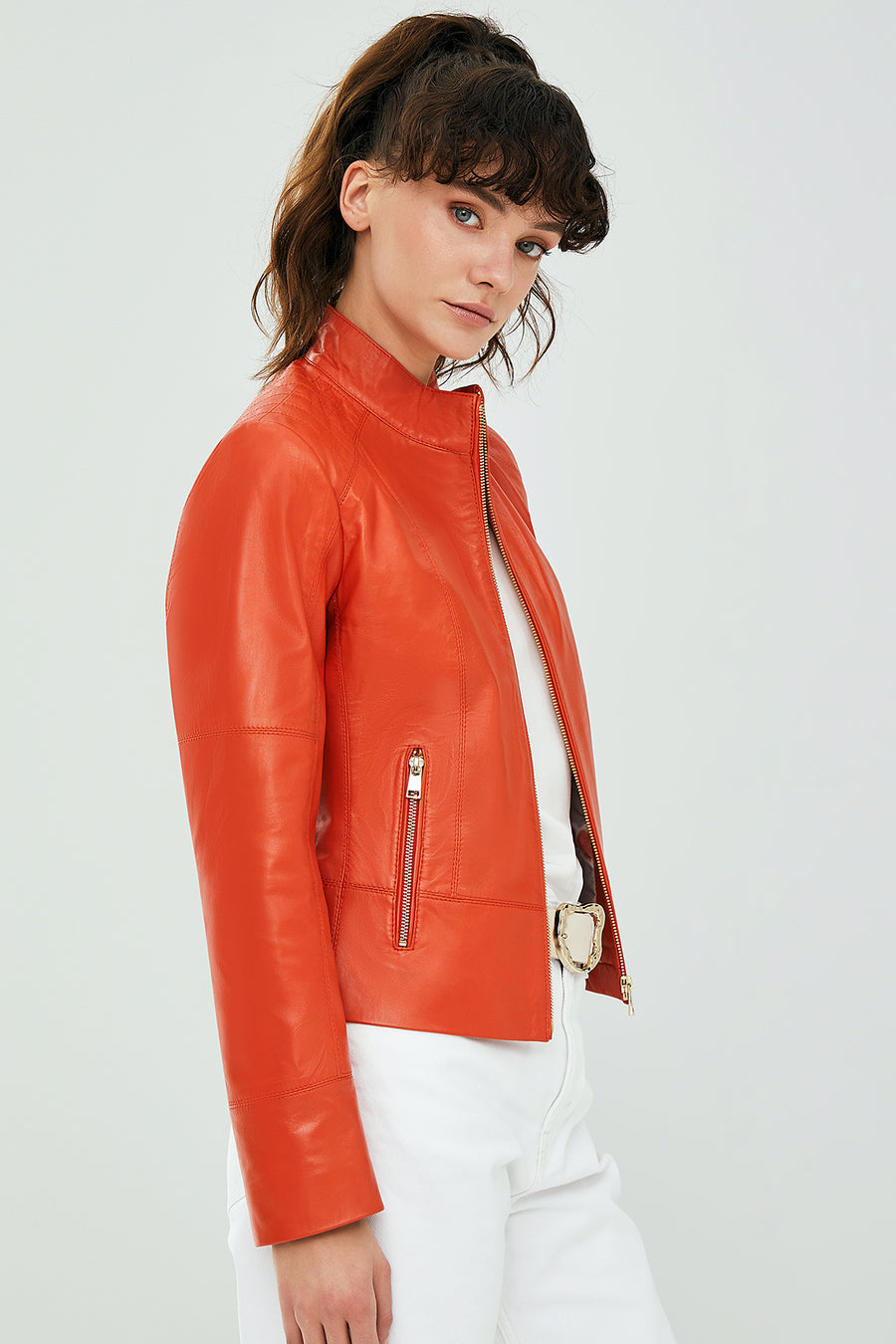 Mary Women's Orange Leather Jacket
