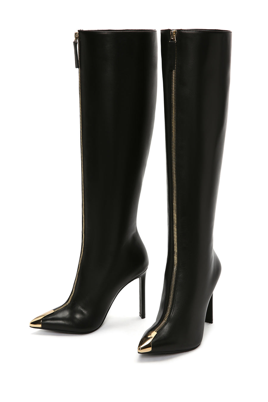Women's Black Zippered High Thin Heeled Leather Boots