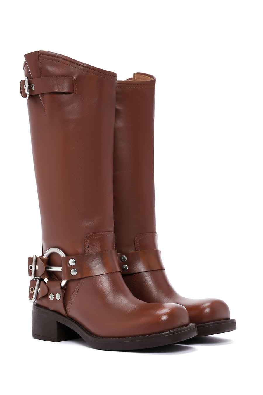 Women's Brown Leather Buckle Boots