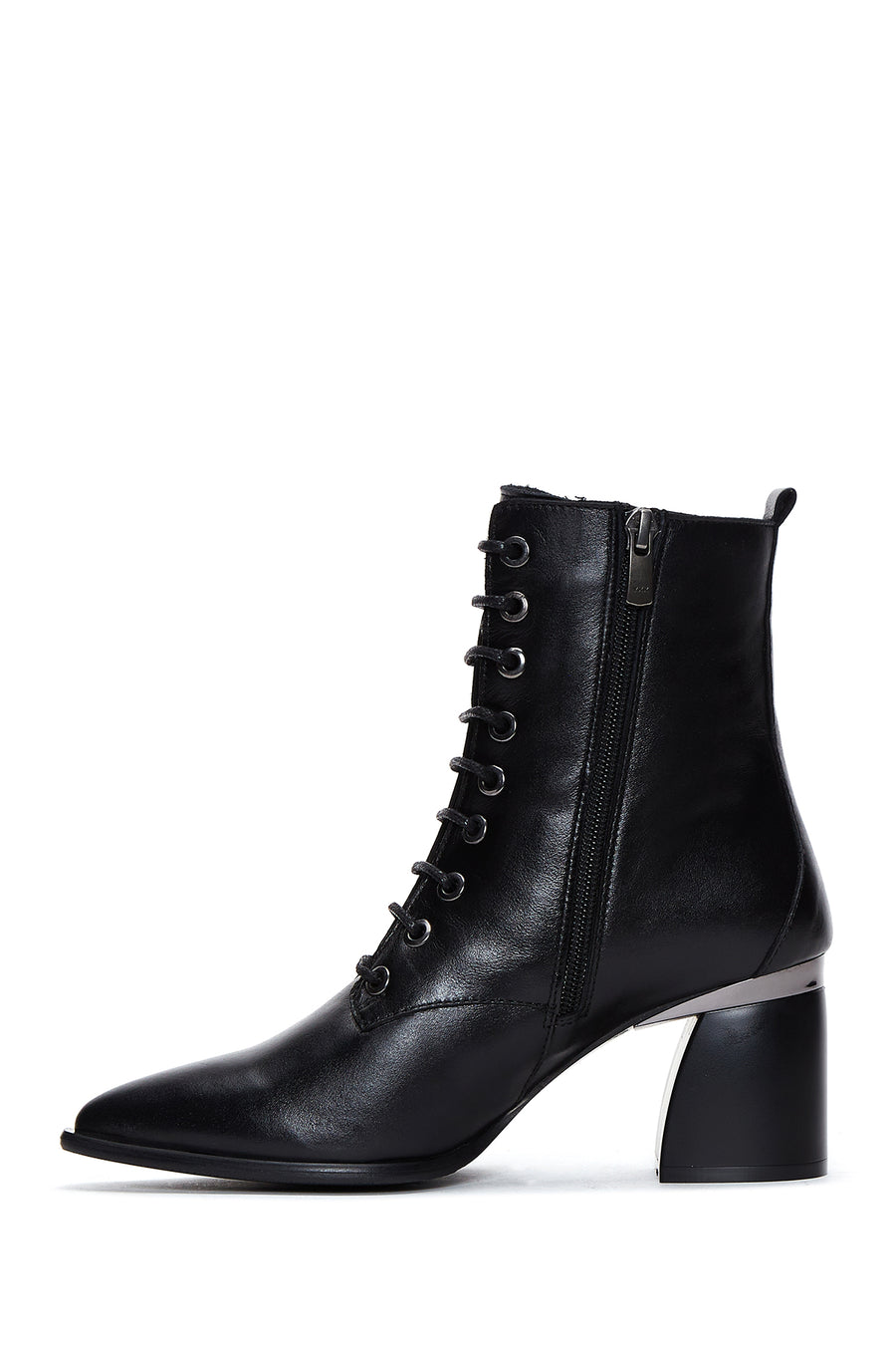 Women's Black Leather Zippered Heeled Boots