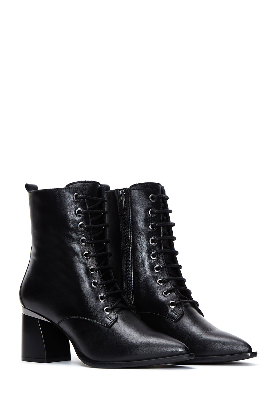Women's Black Leather Zippered Heeled Boots