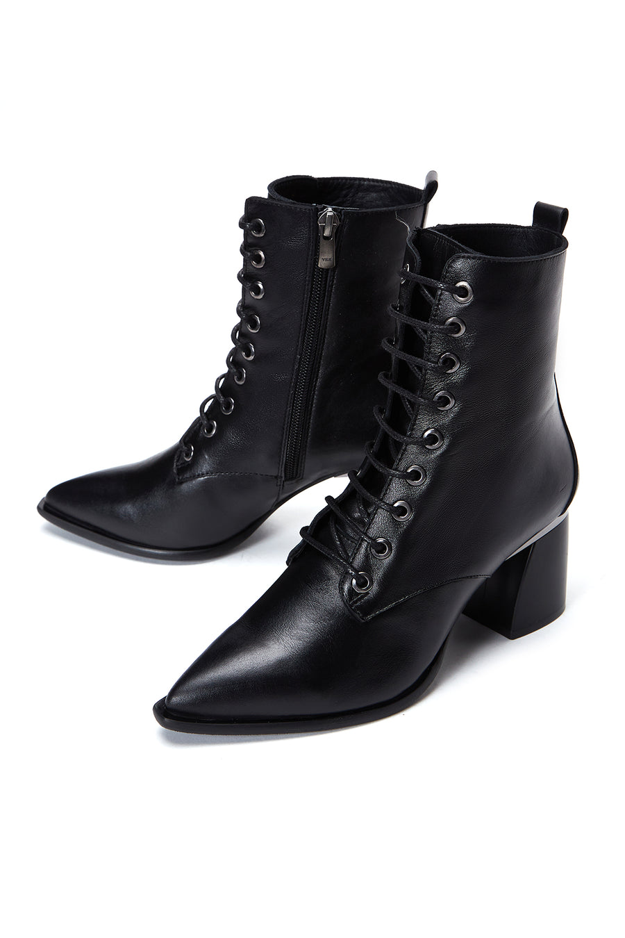 Women's Black Leather Zippered Heeled Boots