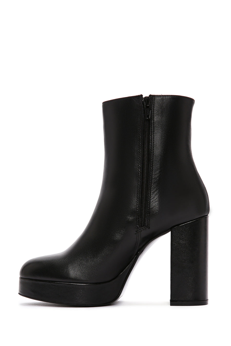Women's Black Zippered Thick High Heel Leather Boots